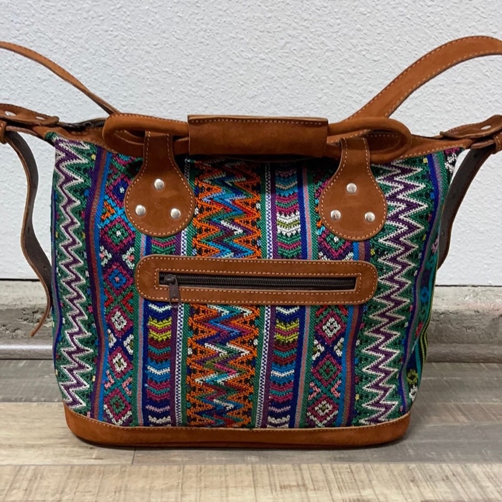 Leather and Geometric Huipile Daybag